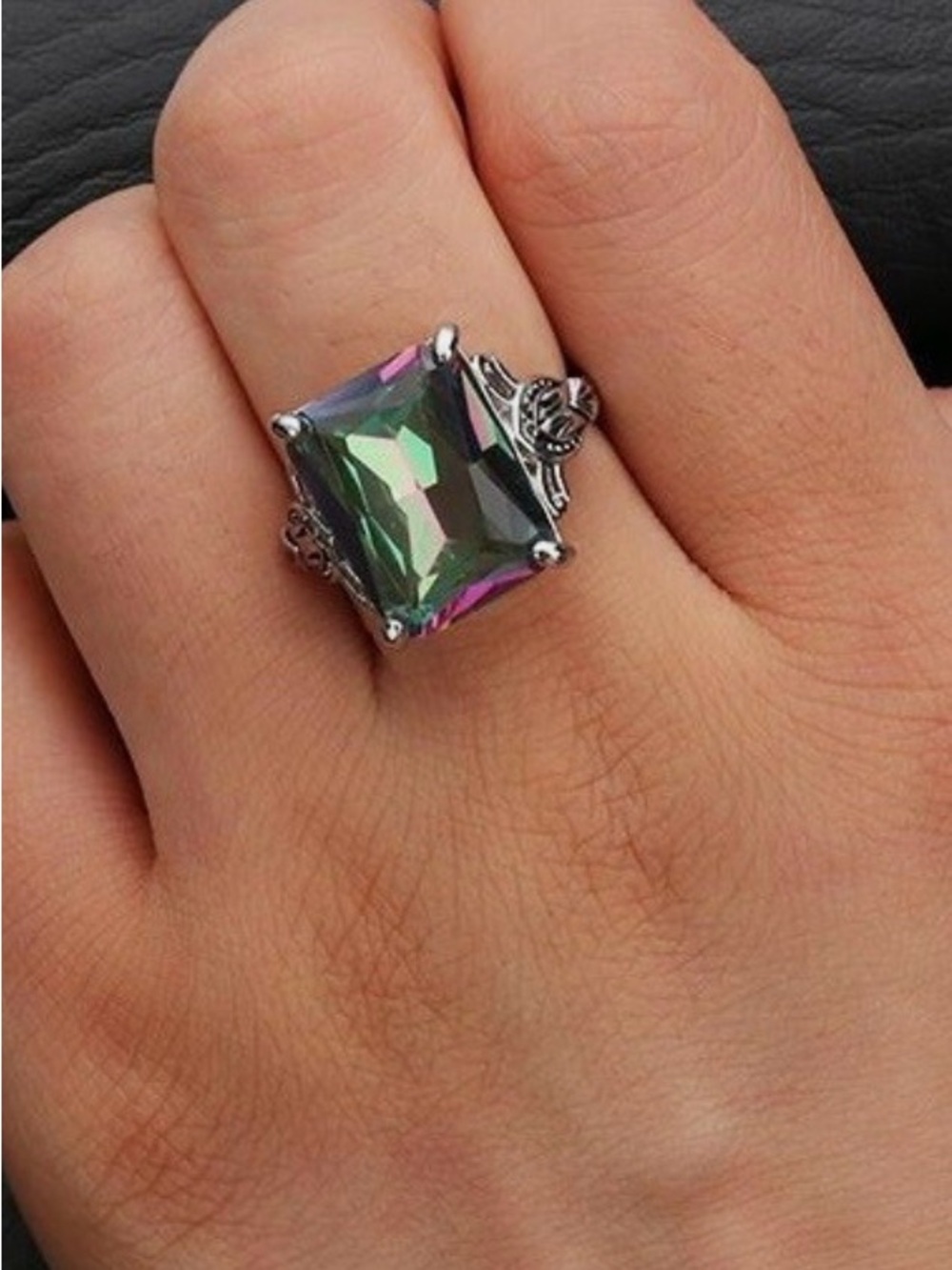 Mystic Topaz-Effect Statement Ring - Silver Tone size 6